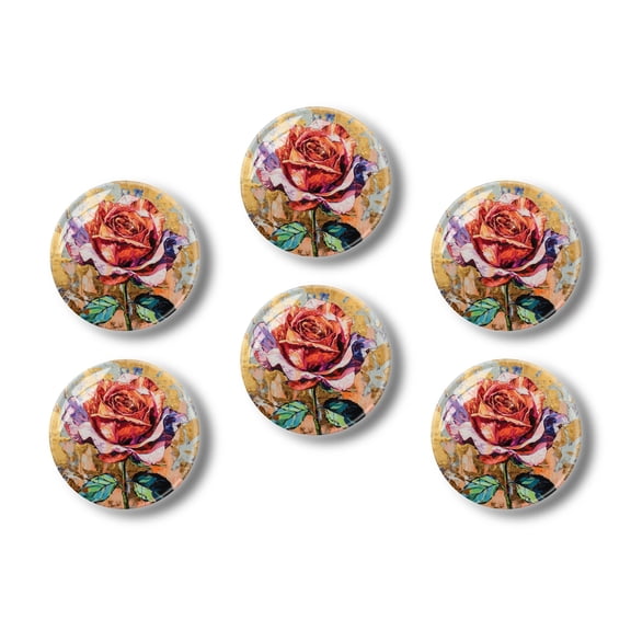 Glass Refrigerator Magnet 6Pcs Magnetic Fridge Sticker,Decor for Kitchen,Whiteboard,Cabinet,Red Rose With Green Leaves
