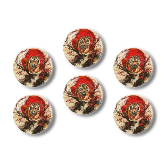 Glass Refrigerator Magnet 6Pcs Magnetic Fridge Sticker,Decor for Kitchen,Whiteboard,Cabinet,Red Sunlit Scene With Powerful Tiger