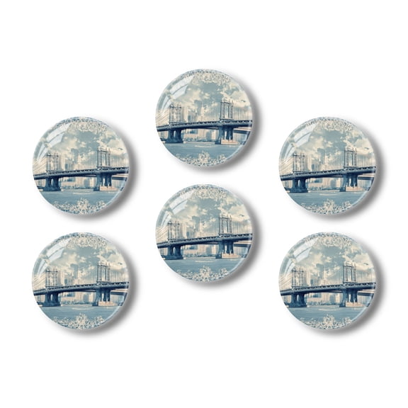 Glass Refrigerator Magnet 6Pcs Magnetic Fridge Sticker,Decor for Kitchen,Whiteboard,Cabinet,Retro Style Bridge And City Illustration