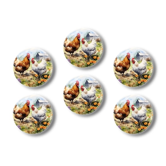 Glass Refrigerator Magnet 6Pcs Magnetic Fridge Sticker,Decor for Kitchen,Whiteboard,Cabinet,Rooster And White Hen In The Farmyard