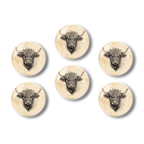 Glass Refrigerator Magnet 6Pcs Magnetic Fridge Sticker,Decor for Kitchen,Whiteboard,Cabinet,Sketch Style Highland Cow On Parchment Like Background