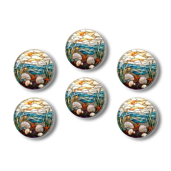 Glass Refrigerator Magnet 6Pcs Magnetic Fridge Sticker,Decor for Kitchen,Whiteboard,Cabinet,Stained Glass Round Window With Seascape Theme