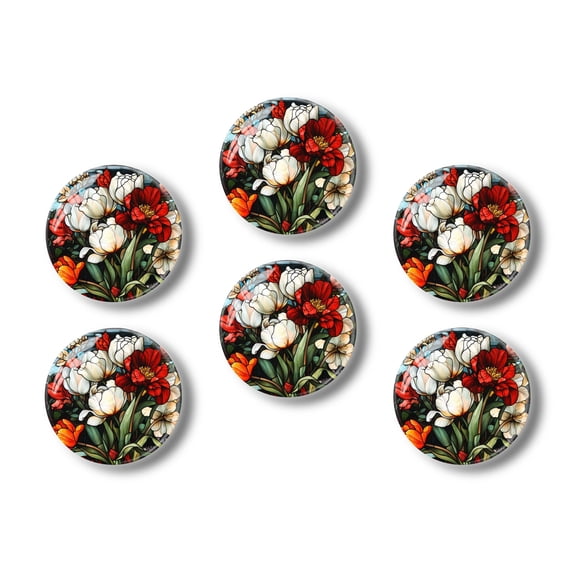 Glass Refrigerator Magnet 6Pcs Magnetic Fridge Sticker,Decor for Kitchen,Whiteboard,Cabinet,Stained Glass Style Tulip Bouquet