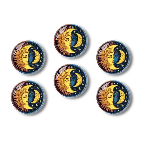 Glass Refrigerator Magnet 6Pcs Magnetic Fridge Sticker,Decor for Kitchen,Whiteboard,Cabinet,Sun And Moon Faces