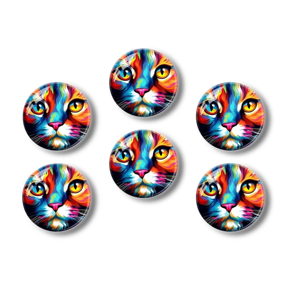 Glass Refrigerator Magnet 6Pcs Magnetic Fridge Sticker,Decor for Kitchen,Whiteboard,Cabinet,Vibrant And Colorful Cat Face With Expressive Eyes