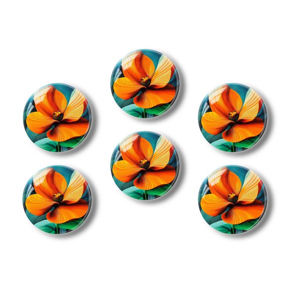 Glass Refrigerator Magnet 6Pcs Magnetic Fridge Sticker,Decor for Kitchen,Whiteboard,Cabinet,Vibrant Orange Bloom With Linear Patterns