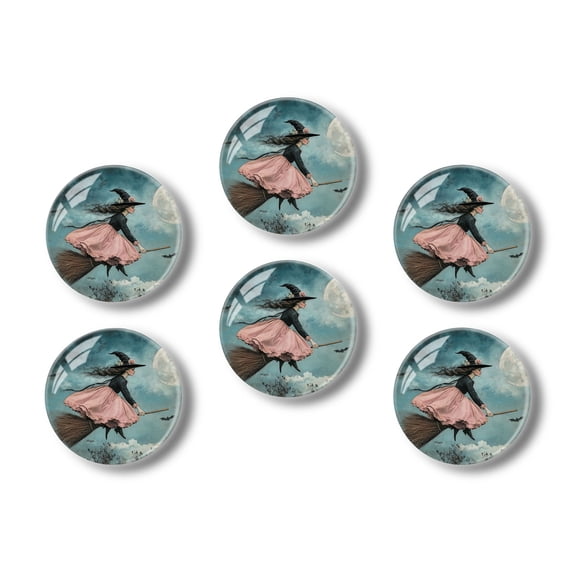 Glass Refrigerator Magnet 6Pcs Magnetic Fridge Sticker,Decor for Kitchen,Whiteboard,Cabinet,Witch Flying On A Broom