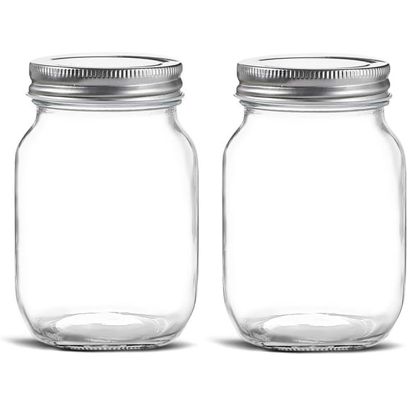 Glass Regular Mouth Mason Jars, 16 oz Clear Glass Jars with Silver Metal Lids for Sealing, Canning Jars for Food Storage, Overnight Oats, Dry Food, Snacks, Candies, DIY Projects (2 PACK)