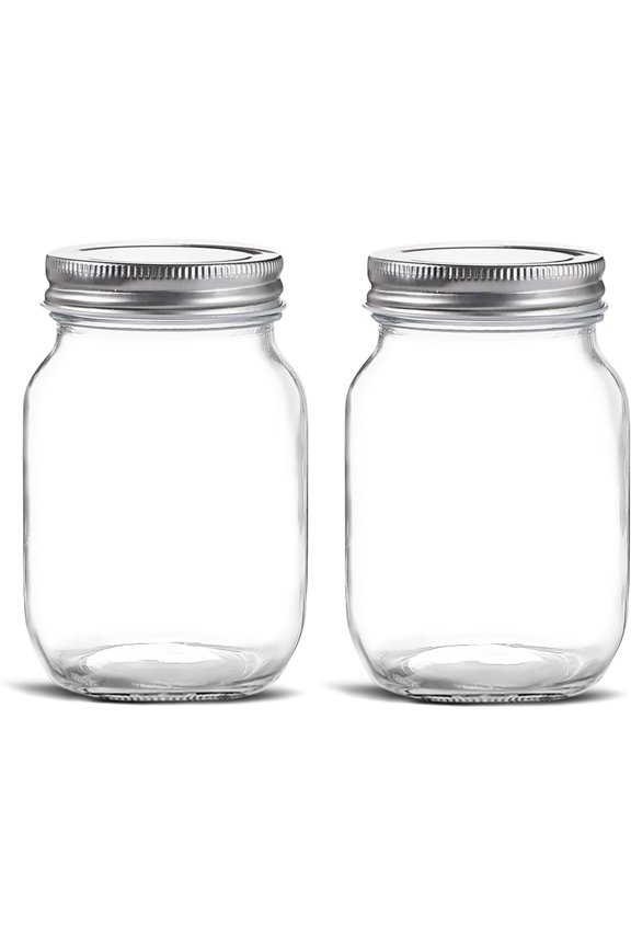 Glass Regular Mouth Mason Jars, 16 oz Clear Glass Jars with Silver Metal Lids ( 2-PACK)