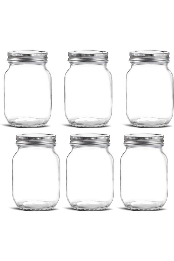 Glass Regular Mouth Mason Jars, 16 oz Clear Glass Jars with Silver Metal Lids 6 PACK)