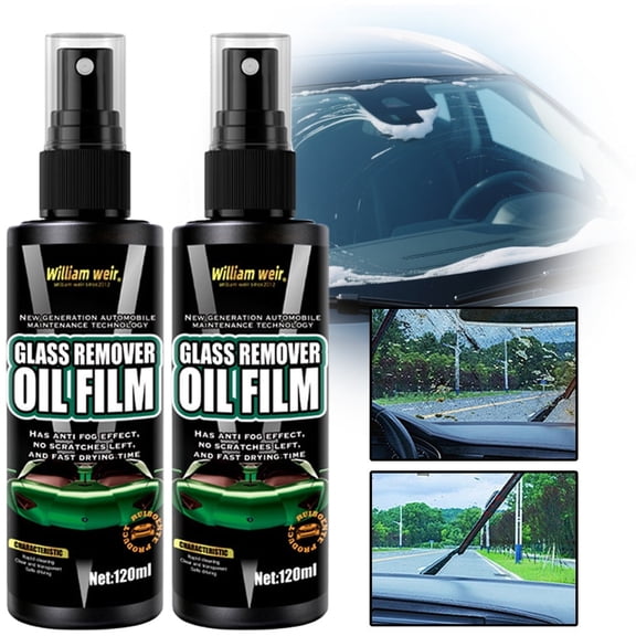 Glass Remover Oil Film  Anti-Fog No Scratch Fast Drying, Automotive Glass Cleaner for Windshield, Rearview Mirrors, Headlights, Solves Oil Film Glare Blurring for Clear Vision, 120ML(2-Pack)
