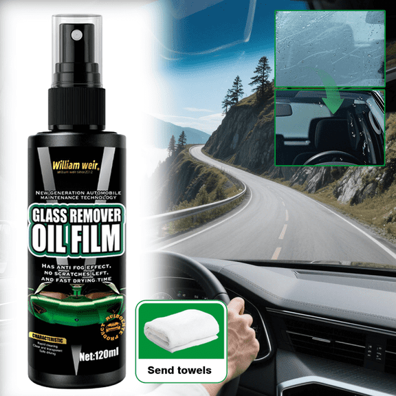 Glass Remover Oil Film  Anti-Fog No Scratch Fast Drying, Automotive Glass Cleaner for Windshield, Rearview Mirrors, Solves Oil Film Glare Blurring for Clear Driving Vision, Gift Towels, 120ML