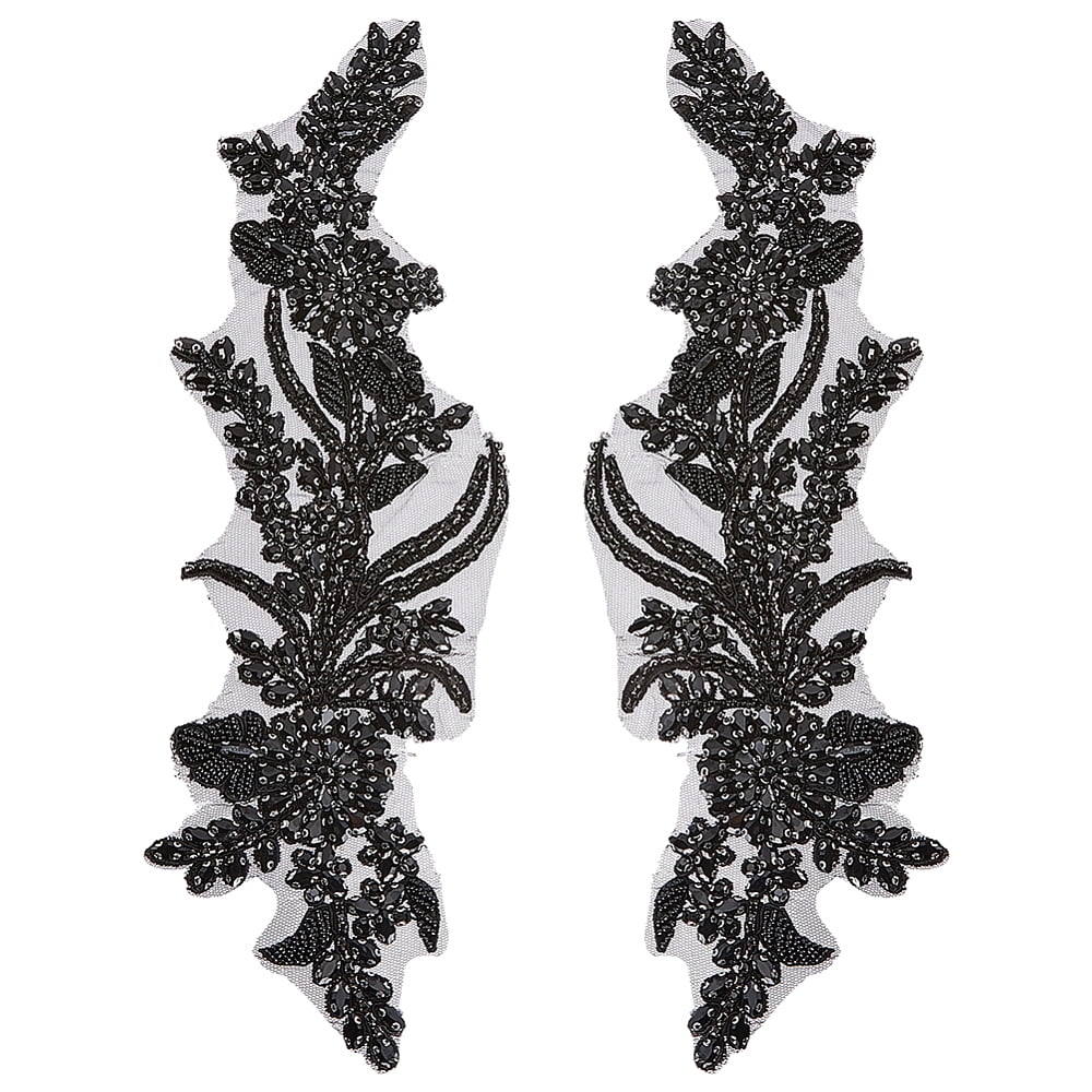 Glass Rhinestone Flower Appliques Polyester Embroidery Ornament Accessories Black 340x95x5mm