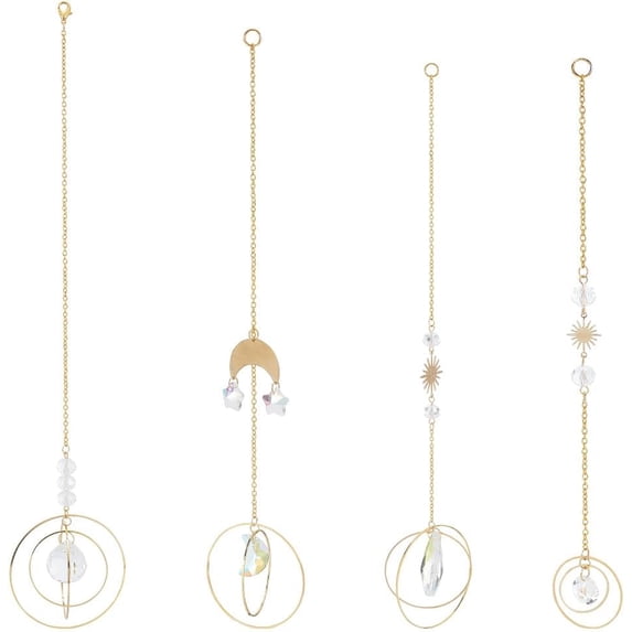 Glass Rhinestone Pendant Decoration Hanging Suncatchers with Brass Findings for Home Decoration Moon & Sun & Teardrop Colorful 223~310mm 4pcs/set