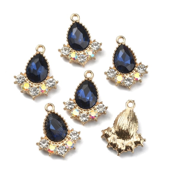 Glass Rhinestone Pendants with Light golden Plated Zinc Alloy Findings Teardrop Charms Dark Indigo 20x16x5mm Hole: 1.5mm