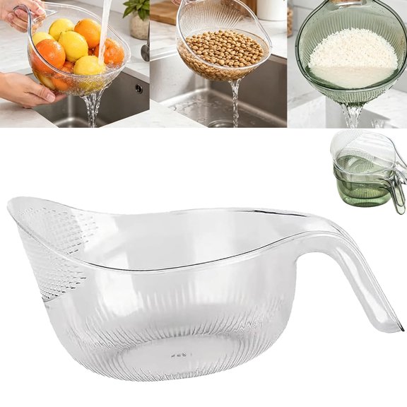 Glass Rice Washer Strainer Bowl with Handle, Fine Drain Holes for Quick Rinsing Rice, Fruit & Veggies