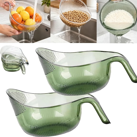 Glass Rice Washer Strainer Bowl with Handle, Fine Drain Holes for Quick Rinsing Rice, Fruit & Veggies