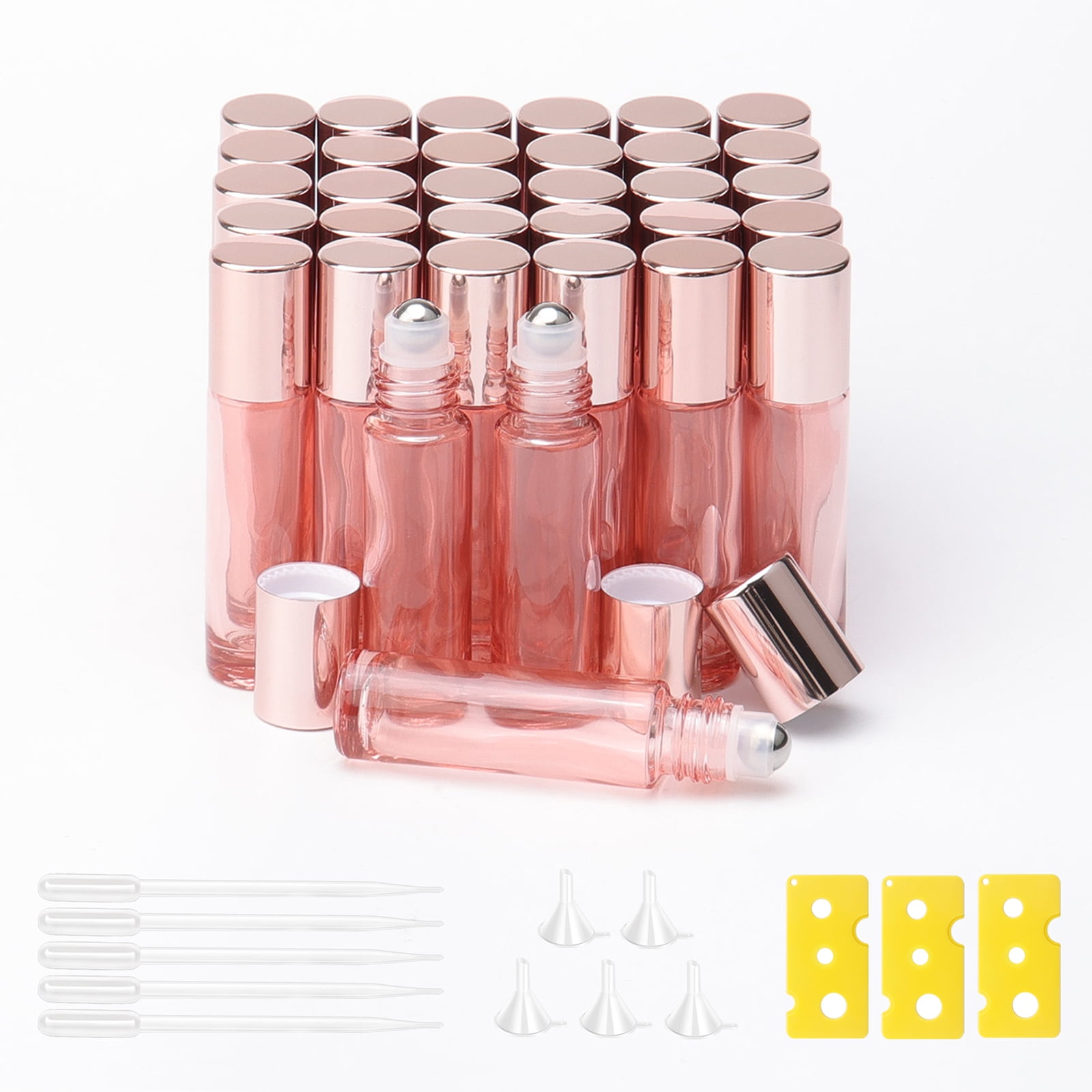 Glass Roll on Bottles 33Pcs 10ml Bright Rose Gold Roller Bottles Vials for Perfumes Aromatherapy Essential Oils Lip Balm Liquid, Accessories include