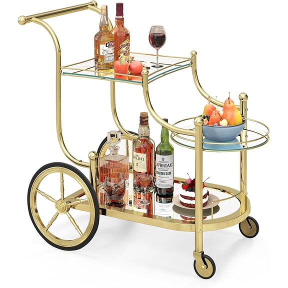 Glass Rolling Bar Cart, Rolling Serving Cart with 3-Tier Shelf, Directional Wheels & Universal Wheels, Mobile Wine Tea Serving Cart for Hotel, Club & Home (Gold)