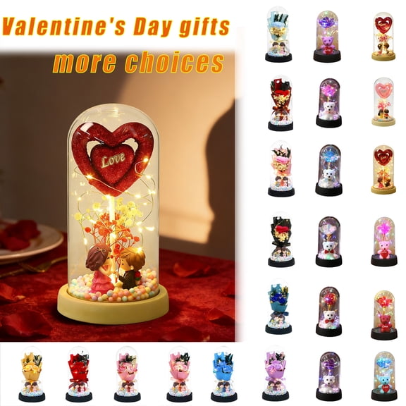 Glass Rose in Glass Dome with Teddy Bear,Light up Love in Glass for Her with LED Light Decoration,Gifts for Wife,Mom,Grandma as Anniversary Birthdays Christmas Valentine's Day(Multicolor)
