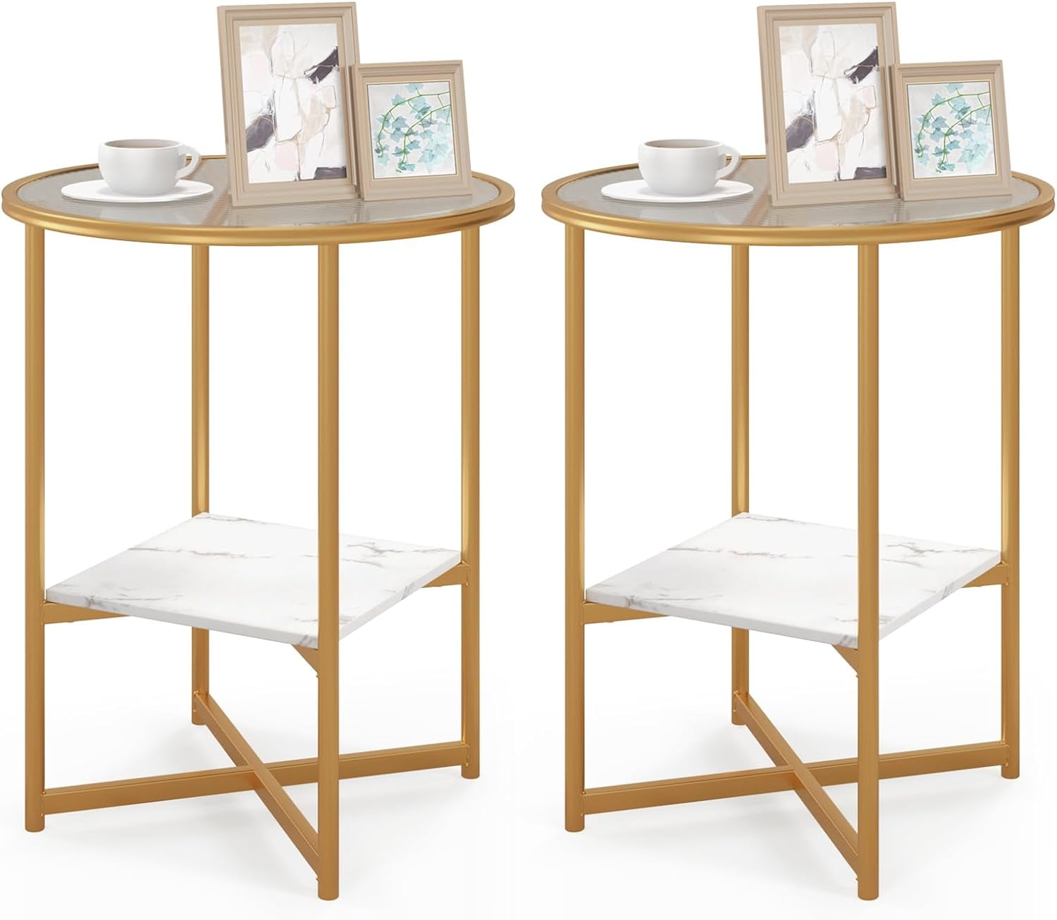 Round Gold Metal and Glass End Table Set with Faux Marble Shelf