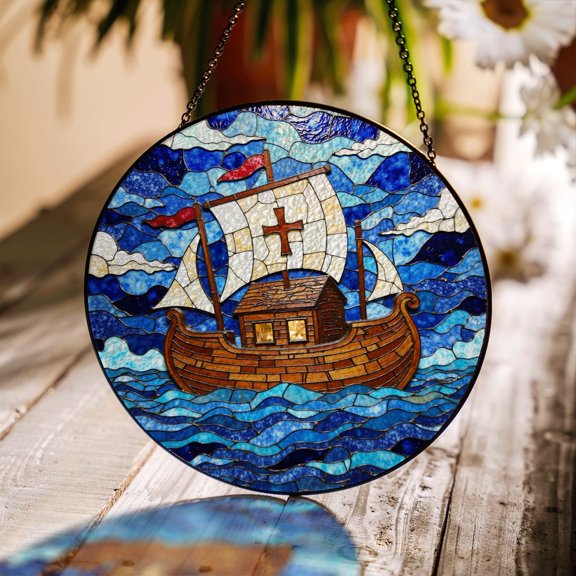 Glass Sailing Ship Suncatcher Nautical Window Art Gift For Christian Dad Or Ocean Lover, Suncatcher Window Hanging, 6.3 in