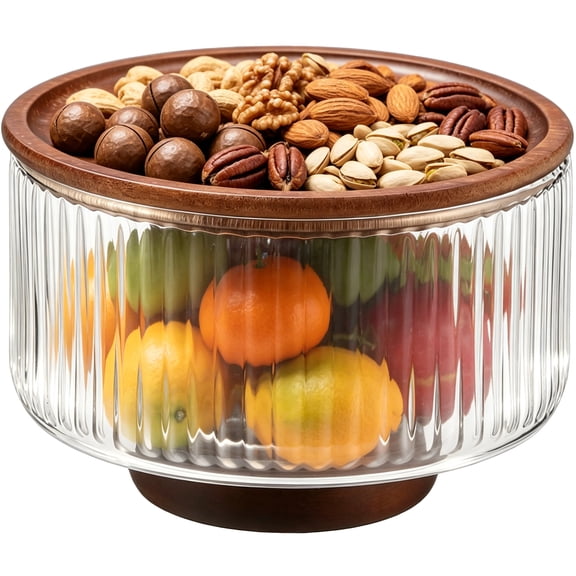 Glass Salad Bowl with Acacia Lid, 6.9 x 4.7 In Clear Fruit Dish, Elegant Serving Bowl for Home Decor, Kitchen Organization, Parties, Gifts