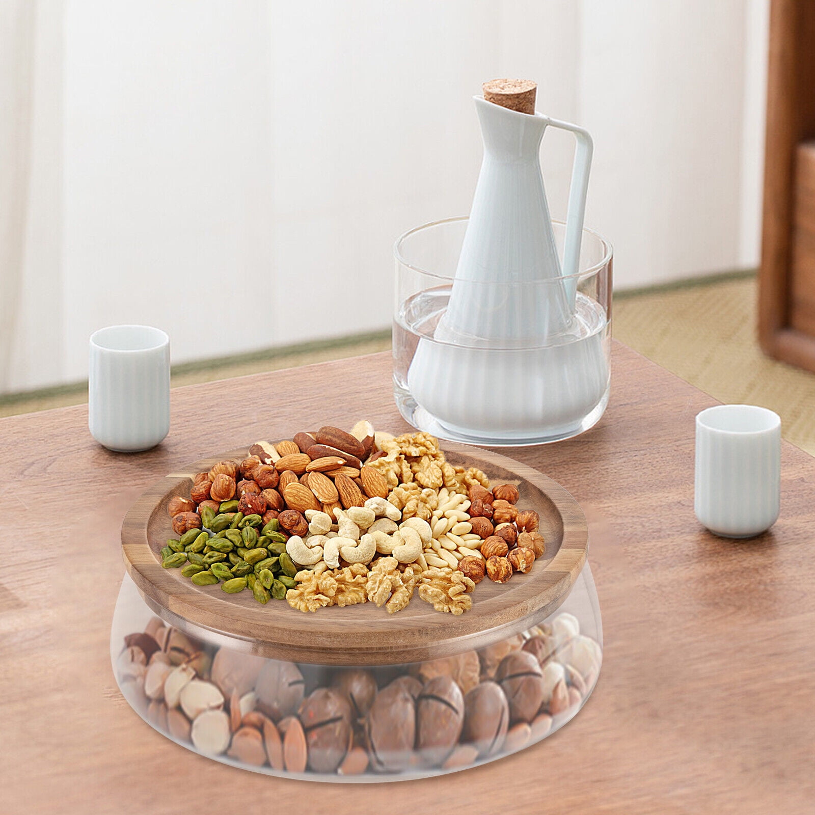Glass Salad Bowl with Wooden Lid Candy Nuts Serving Container