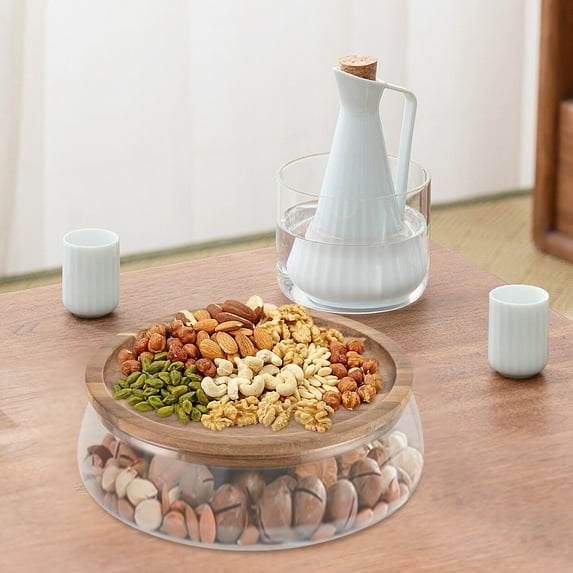 Glass Salad Bowl with Wooden Lid Candy Nuts Serving Container Storage Platter Snack Tray