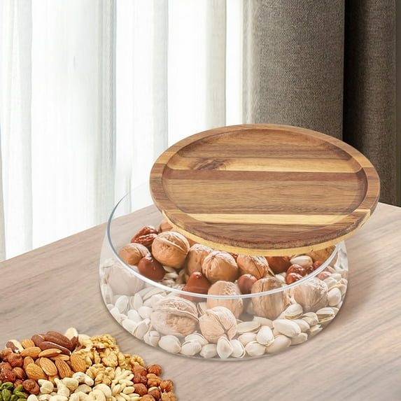 Glass Salad Bowl with Wooden Lid Clear Glass Candy and Nuts Serving Container Farmhouse Round Food Storage