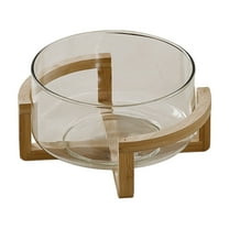 Glass Salad Bowl with Wooden Stand, Cereal Bowls Mixing Bowls Fruit Snack Serving Plate for Salad Candy Fruit(20*12Cm)