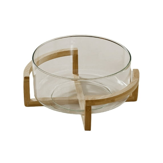 Glass Salad Bowl with WoodenBase and Utensils Salad Serving Bowl Set for Pasta,Fruit,Mixing Salad,Popcorn,Chip,and Decoration and Decoration,9.06in