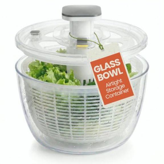 Glass Salad Spinner Large Capacity 6.3QT with Storage Lid Boroscilicate Glass Bowl and BPA-Free and Food-Safe Colander Base Spinner Lid and Storage Lid Washing Spinning and Draining