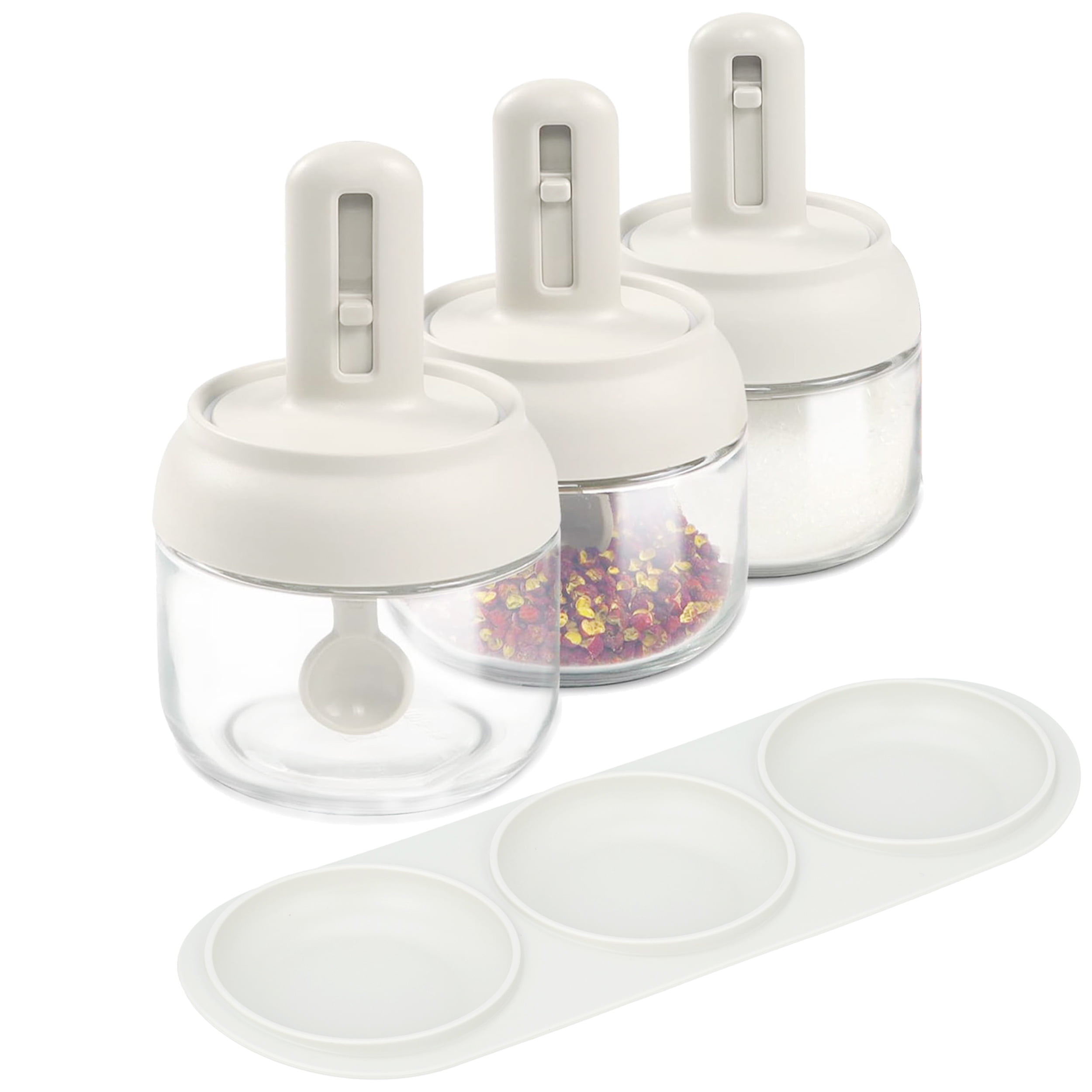 Glass Salt Container, 10oz Salt Cellar with Lid and Spoon, Pepper Bowl, Spices Jars with Retractable Spoon and Airtight Cover for Keeping Table Sugar,Gourmet Salts,Chili Herbs,Powder or Favorite Seaso