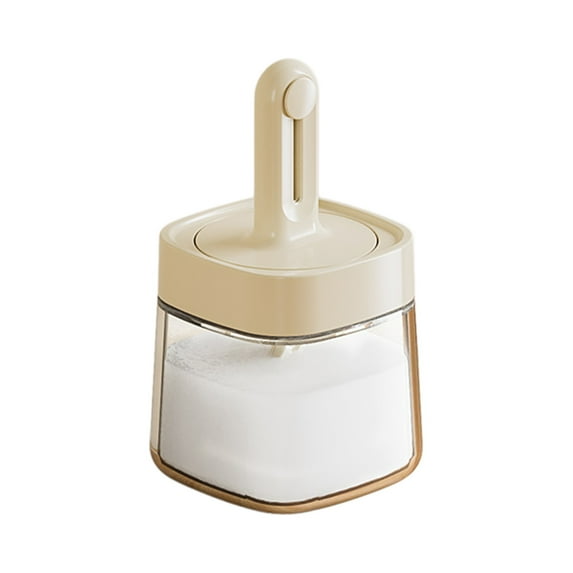 Glass Salt Container Storage Container for Pepper, Salts, Sugar, Spice and More, Kitchen Seasoning Jar with Lid and Retractable Spoon 350ml (Beige)