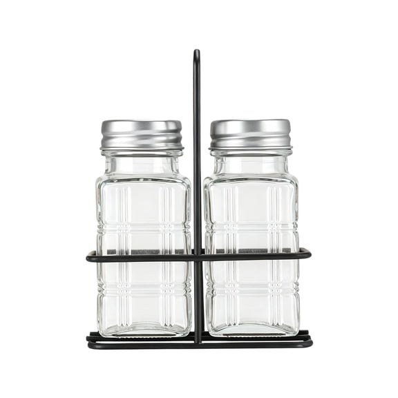 Glass Salt and Pepper Shakers Set with Holder - Modern Kitchen Decor, Dining Table Countertop Accessory - Clear Salt and Pepper Set with Caddy for Restaurants, Farmhouse Decor