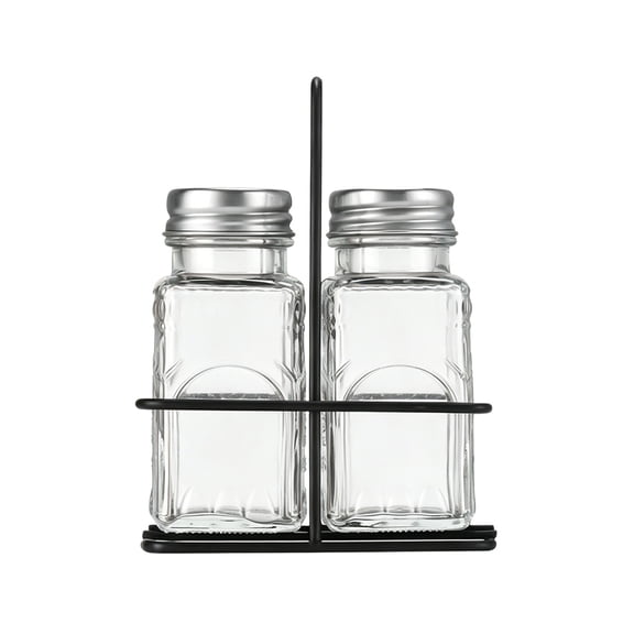 Glass Salt and Pepper Shakers Set with Holder - Modern Kitchen Decor, Dining Table Countertop Accessory - Clear Salt and Pepper Set with Caddy for Restaurants, Farmhouse Decor