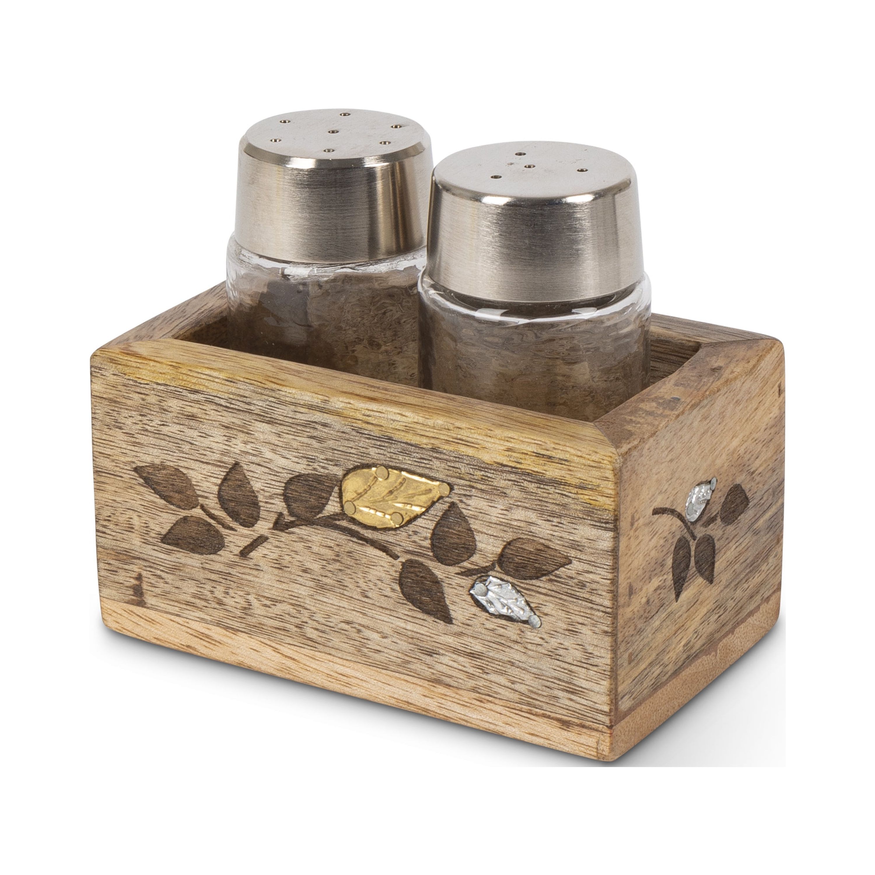 Glass Salt & Pepper Shakers in Mango Wood with Laser and Metal Inlay