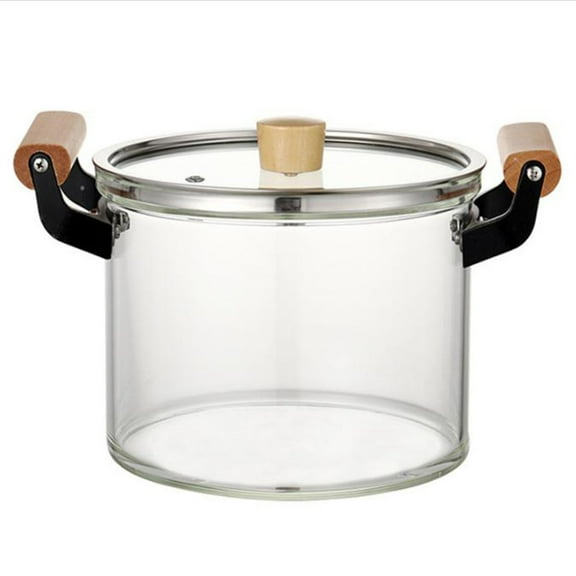 Glass Saucepan,Clear Glass Pot,with Wooden Handle, Heat-resistant Borosilicate Simmer Pot for Soup Vegetables Fruit Salad Instant Noodle Baby Food