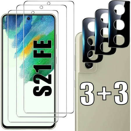 Glass Screen and Camera Protector for Samsung Galaxy S21 FE - 3 Screen Protectors + 3 Camera Protectors, Supports Fingerprint