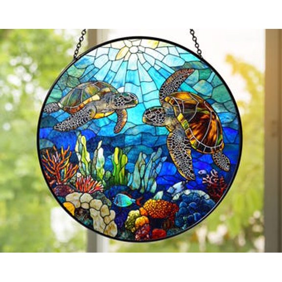 Glass Sea Turtle Suncatcher: Coastal Ocean Window Hanging, 3.5 in