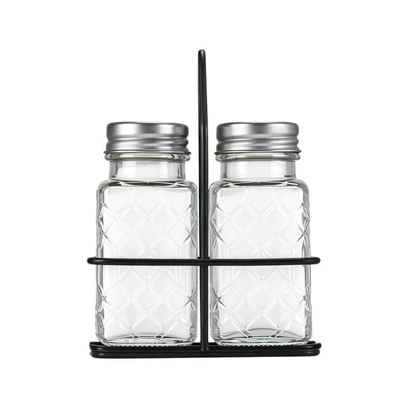 Glass Seasoning Bottle Set with Diamond-Cut Jars and Stainless Steel Lids, Metal Frame Spice Organizer for Pepper, Cumin - Modern Kitchen Decor Clear A