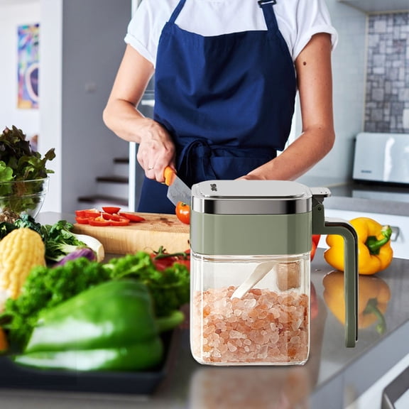 Glass Seasoning Box | 380ml Food Storage Container with Cassette Lid | Airtight Spice Organizer for Kitchen, BBQ, Restaurant | 4-Compartment White, Green Set