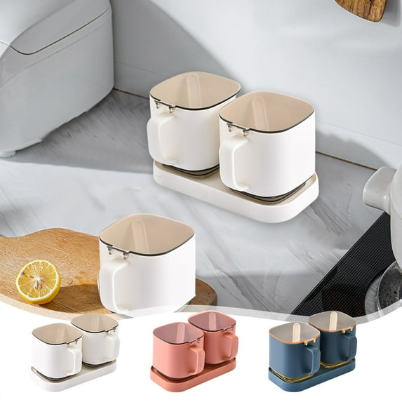 Glass Seasoning Box with Tray, Clear Condiment Canister with Spoon, Salt Pepper Sugar Storage Container Jar Cruet for Desk, Kitchen Spice Pot with Base