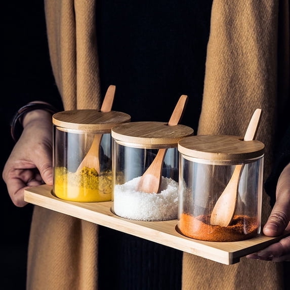 Glass Seasoning Jar with Wooden Lid and Spoon, Adorable Sugar Bowl Bath Salt Storage Container, Kitchen Pepper