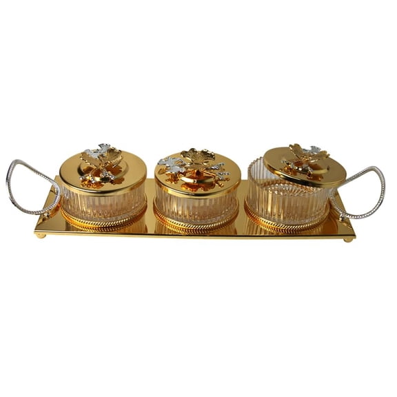 Glass Seasoning Sugar Holder Nuts Coffee Tea Coffee Flower Glass Round Canisters Pots Three Piece Set With Long Metal Base Gold Color
