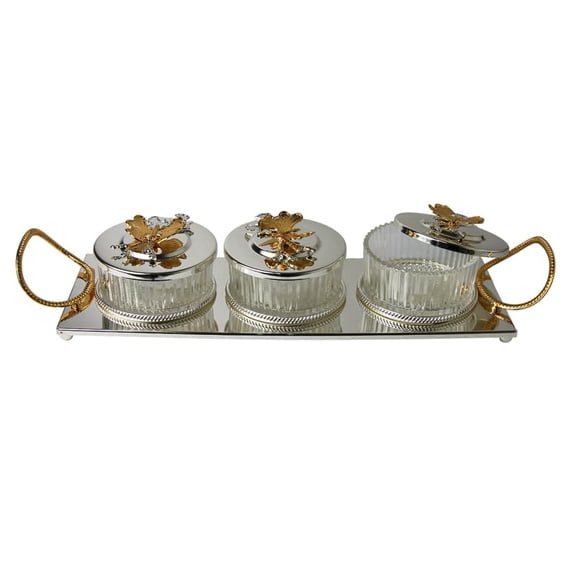 Glass Seasoning Sugar Holder Nuts Coffee Tea Coffee Flower Round Canisters Pots Three Piece Set Long Metal Base Chrome Color Gold Handles Jar Bowl