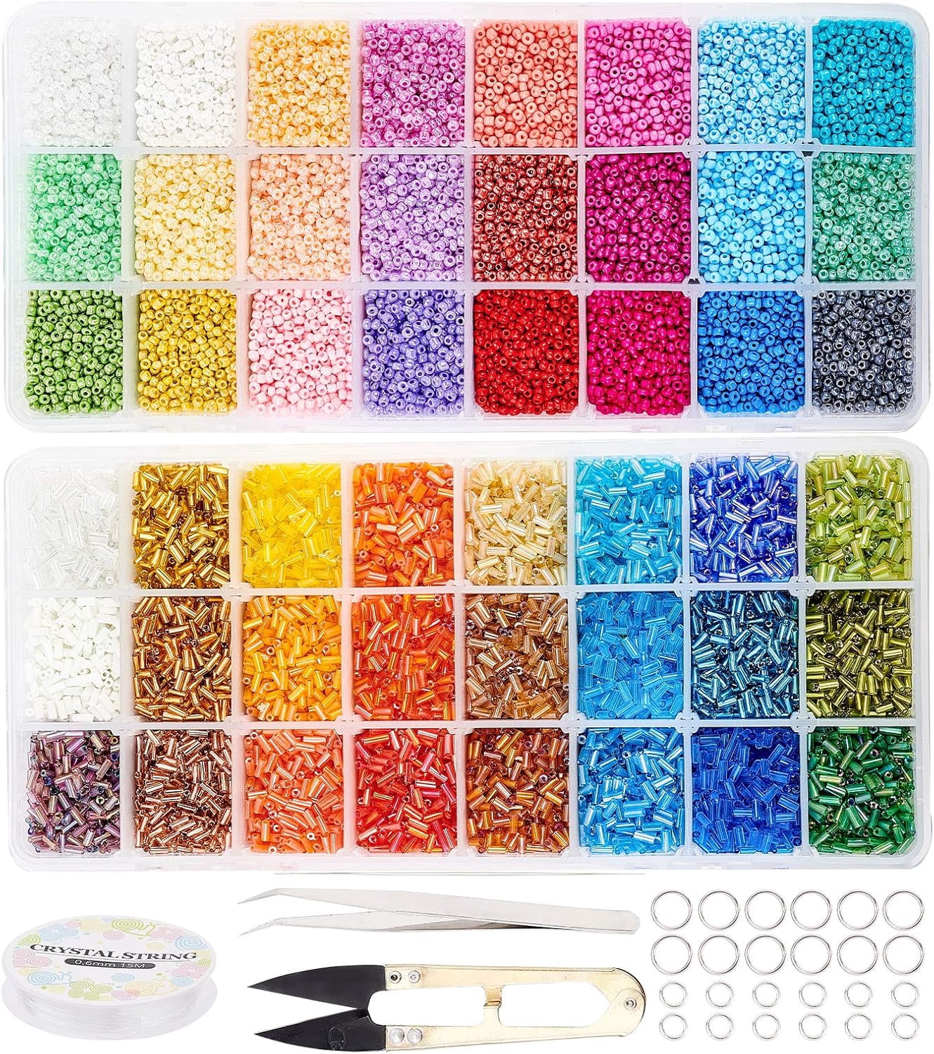 Glass Seed Beads Kit 2 Styles 1.8~2mm Pony Seed Beads with 0.6mm Elastic Thread Stainless Steel Tweezers Big Eye Beading Needles and Scissors for Bracelet Necklace Jewelry Making Colorful
