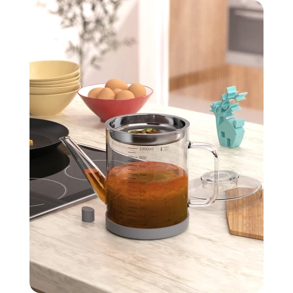 Glass Separator, Bacon Container with Strainer, Frying Oil Storage Can for Cooking (1L /4 Cups)