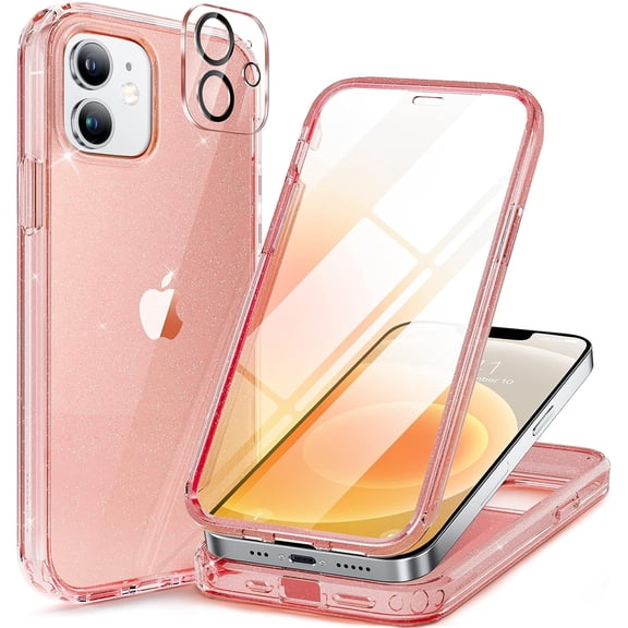 Glass Series for iPhone 12/12 Pro - Full-Body Rugged Protective Case with Built-in 9H Tempered Glass Screen Protector and Camera Lens Protector - Glitter Rose